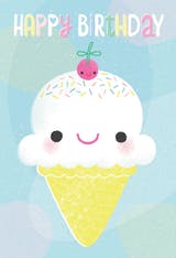 Ice Cream, a happy birthday card for kids with a smiling ice cream cone with a cherry on top